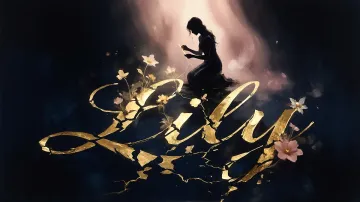 Lily horizontal diseño 6 - Composición de ilustración semirrealista cinematográfica con silueta femenina tejiendo un hilo dorado de luz sobre un suelo oscuro fracturado al estilo Kintsugi, donde el nombre resalta en un prominente guión caligráfico dorado que emerge de las grietas, rodeado de flores blancas, mariposas y un fondo degradado de azules profundos iluminado por una luz celestial en tonos melocotón y crema, con una frase de aliento en tipografía blanca en la parte inferior.
