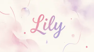 Lily horizontal diseño 7 - Diseño abstracto en acuarela sobre fondo crema, con manchas fluidas y etéreas en rosa pastel y lila, líneas curvas que aportan movimiento, pequeñas gotas salpicadas cayendo verticalmente y una burbuja translúcida en la parte superior izquierda. El nombre resalta al centro con una tipografía cursiva amplia y elegante en degradado rosa a morado.
