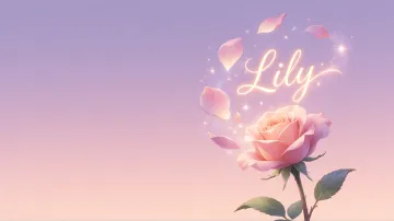 Lily horizontal diseño 8 - Fondo de Pantalla con degradado suave que transiciona de lila en la parte superior a melocotón y rosa pastel en la base, destacando una rosa rosada hiperrealista con tallo y hojas verdes. El nombre brilla en tipografía cursiva con efecto neón cálido, adornado con pétalos cayendo y chispas de luz mágica.