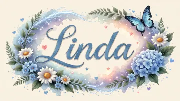 Linda horizontal diseño 4 - Composición magica con nombre en letra cursiva azul, rodeado de hortensias azules, margaritas blancas y delicadas flores silvestres, enmarcado por suaves remolinos de agua, mariposas azules y destellos estelares sobre un fondo etéreo y romántico.