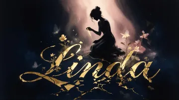 Linda horizontal diseño 6 - Composición de ilustración semirrealista cinematográfica con silueta femenina tejiendo un hilo dorado de luz sobre un suelo oscuro fracturado al estilo Kintsugi, donde el nombre resalta en un prominente guión caligráfico dorado que emerge de las grietas, rodeado de flores blancas, mariposas y un fondo degradado de azules profundos iluminado por una luz celestial en tonos melocotón y crema, con una frase de aliento en tipografía blanca en la parte inferior.