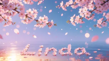 Linda horizontal diseño 9 - Composición serena y onírica con ramas de cerezo en flor (sakura) en la parte superior contra un cielo en degradado de azul suave y lila. Pétalos de color rosa pastel flotan delicadamente en el aire cayendo hacia una superficie de agua tranquila y cristalina. En el centro inferior, el nombre está formado por pétalos de flores con un sutil efecto de relieve 3D y tipografía floral, reflejándose sobre el agua que está iluminada por un cálido destello dorado de luz solar en la esquina inferior derecha.