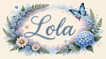 Lola horizontal diseño 4 - Composición magica con nombre en letra cursiva azul, rodeado de hortensias azules, margaritas blancas y delicadas flores silvestres, enmarcado por suaves remolinos de agua, mariposas azules y destellos estelares sobre un fondo etéreo y romántico.