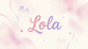 Lola horizontal diseño 7 - Diseño abstracto en acuarela sobre fondo crema, con manchas fluidas y etéreas en rosa pastel y lila, líneas curvas que aportan movimiento, pequeñas gotas salpicadas cayendo verticalmente y una burbuja translúcida en la parte superior izquierda. El nombre resalta al centro con una tipografía cursiva amplia y elegante en degradado rosa a morado.