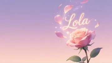 Lola horizontal diseño 8 - Fondo de Pantalla con degradado suave que transiciona de lila en la parte superior a melocotón y rosa pastel en la base, destacando una rosa rosada hiperrealista con tallo y hojas verdes. El nombre brilla en tipografía cursiva con efecto neón cálido, adornado con pétalos cayendo y chispas de luz mágica.