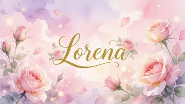 Lorena horizontal diseño 10 - Diseño estilo acuarela con un fondo etéreo y texturizado en nubes de tonos rosa pastel y lila suave. Presenta composiciones de rosas abiertas y capullos en los bordes inferior y superior, con pétalos cayendo delicadamente. Incorpora destellos de luz cálida (efecto bokeh) y, en el centro, resalta una tipografía elegante, cursiva y fluida en color dorado.