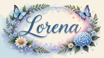 Lorena horizontal diseño 4 - Composición magica con nombre en letra cursiva azul, rodeado de hortensias azules, margaritas blancas y delicadas flores silvestres, enmarcado por suaves remolinos de agua, mariposas azules y destellos estelares sobre un fondo etéreo y romántico.