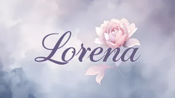 Lorena horizontal diseño 5 - Nombre en elegante tipografía cursiva caligráfica en tono lavanda, sobre fondo acuarela de cielo nublado en tonos pastel (azul, blanco, lavanda), decorado con rosa en acuarela de pétalos rosa pálido, blanco crema y lilas suaves con hojas en gris-verde.