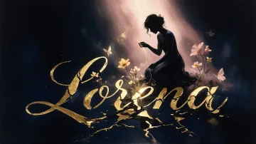 Lorena horizontal diseño 6 - Composición de ilustración semirrealista cinematográfica con silueta femenina tejiendo un hilo dorado de luz sobre un suelo oscuro fracturado al estilo Kintsugi, donde el nombre resalta en un prominente guión caligráfico dorado que emerge de las grietas, rodeado de flores blancas, mariposas y un fondo degradado de azules profundos iluminado por una luz celestial en tonos melocotón y crema, con una frase de aliento en tipografía blanca en la parte inferior.