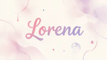 Lorena horizontal diseño 7 - Diseño abstracto en acuarela sobre fondo crema, con manchas fluidas y etéreas en rosa pastel y lila, líneas curvas que aportan movimiento, pequeñas gotas salpicadas cayendo verticalmente y una burbuja translúcida en la parte superior izquierda. El nombre resalta al centro con una tipografía cursiva amplia y elegante en degradado rosa a morado.