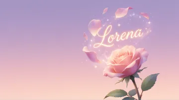 Lorena horizontal diseño 8 - Fondo de Pantalla con degradado suave que transiciona de lila en la parte superior a melocotón y rosa pastel en la base, destacando una rosa rosada hiperrealista con tallo y hojas verdes. El nombre brilla en tipografía cursiva con efecto neón cálido, adornado con pétalos cayendo y chispas de luz mágica.