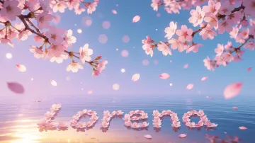 Lorena horizontal diseño 9 - Composición serena y onírica con ramas de cerezo en flor (sakura) en la parte superior contra un cielo en degradado de azul suave y lila. Pétalos de color rosa pastel flotan delicadamente en el aire cayendo hacia una superficie de agua tranquila y cristalina. En el centro inferior, el nombre está formado por pétalos de flores con un sutil efecto de relieve 3D y tipografía floral, reflejándose sobre el agua que está iluminada por un cálido destello dorado de luz solar en la esquina inferior derecha.