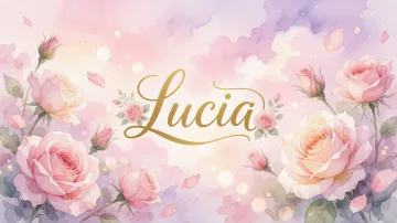 Lucia horizontal diseño 10 - Diseño estilo acuarela con un fondo etéreo y texturizado en nubes de tonos rosa pastel y lila suave. Presenta composiciones de rosas abiertas y capullos en los bordes inferior y superior, con pétalos cayendo delicadamente. Incorpora destellos de luz cálida (efecto bokeh) y, en el centro, resalta una tipografía elegante, cursiva y fluida en color dorado.