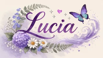 Lucia horizontal diseño 2 - Diseño elegante de hortensias en tonos lila y morados suaves, con volutas estilizadas y una mariposa mística que aporta un toque etéreo y mágico.
