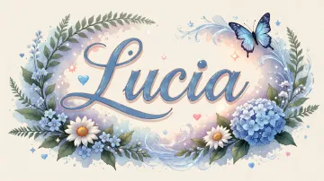 Lucia horizontal diseño 4 - Composición magica con nombre en letra cursiva azul, rodeado de hortensias azules, margaritas blancas y delicadas flores silvestres, enmarcado por suaves remolinos de agua, mariposas azules y destellos estelares sobre un fondo etéreo y romántico.
