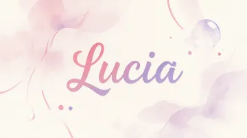 Lucia horizontal diseño 7 - Diseño abstracto en acuarela sobre fondo crema, con manchas fluidas y etéreas en rosa pastel y lila, líneas curvas que aportan movimiento, pequeñas gotas salpicadas cayendo verticalmente y una burbuja translúcida en la parte superior izquierda. El nombre resalta al centro con una tipografía cursiva amplia y elegante en degradado rosa a morado.