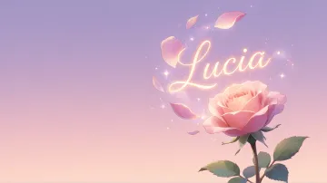 Lucia horizontal diseño 8 - Fondo de Pantalla con degradado suave que transiciona de lila en la parte superior a melocotón y rosa pastel en la base, destacando una rosa rosada hiperrealista con tallo y hojas verdes. El nombre brilla en tipografía cursiva con efecto neón cálido, adornado con pétalos cayendo y chispas de luz mágica.