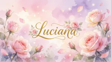 Luciana horizontal diseño 10 - Diseño estilo acuarela con un fondo etéreo y texturizado en nubes de tonos rosa pastel y lila suave. Presenta composiciones de rosas abiertas y capullos en los bordes inferior y superior, con pétalos cayendo delicadamente. Incorpora destellos de luz cálida (efecto bokeh) y, en el centro, resalta una tipografía elegante, cursiva y fluida en color dorado.
