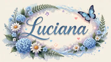 Luciana horizontal diseño 4 - Composición magica con nombre en letra cursiva azul, rodeado de hortensias azules, margaritas blancas y delicadas flores silvestres, enmarcado por suaves remolinos de agua, mariposas azules y destellos estelares sobre un fondo etéreo y romántico.