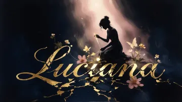 Luciana horizontal diseño 6 - Composición de ilustración semirrealista cinematográfica con silueta femenina tejiendo un hilo dorado de luz sobre un suelo oscuro fracturado al estilo Kintsugi, donde el nombre resalta en un prominente guión caligráfico dorado que emerge de las grietas, rodeado de flores blancas, mariposas y un fondo degradado de azules profundos iluminado por una luz celestial en tonos melocotón y crema, con una frase de aliento en tipografía blanca en la parte inferior.