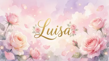 Luisa horizontal diseño 10 - Diseño estilo acuarela con un fondo etéreo y texturizado en nubes de tonos rosa pastel y lila suave. Presenta composiciones de rosas abiertas y capullos en los bordes inferior y superior, con pétalos cayendo delicadamente. Incorpora destellos de luz cálida (efecto bokeh) y, en el centro, resalta una tipografía elegante, cursiva y fluida en color dorado.