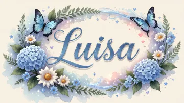 Luisa horizontal diseño 4 - Composición magica con nombre en letra cursiva azul, rodeado de hortensias azules, margaritas blancas y delicadas flores silvestres, enmarcado por suaves remolinos de agua, mariposas azules y destellos estelares sobre un fondo etéreo y romántico.