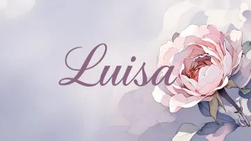Luisa horizontal diseño 5 - Nombre en elegante tipografía cursiva caligráfica en tono lavanda, sobre fondo acuarela de cielo nublado en tonos pastel (azul, blanco, lavanda), decorado con rosa en acuarela de pétalos rosa pálido, blanco crema y lilas suaves con hojas en gris-verde.