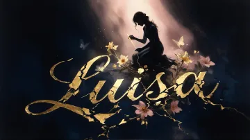 Luisa horizontal diseño 6 - Composición de ilustración semirrealista cinematográfica con silueta femenina tejiendo un hilo dorado de luz sobre un suelo oscuro fracturado al estilo Kintsugi, donde el nombre resalta en un prominente guión caligráfico dorado que emerge de las grietas, rodeado de flores blancas, mariposas y un fondo degradado de azules profundos iluminado por una luz celestial en tonos melocotón y crema, con una frase de aliento en tipografía blanca en la parte inferior.