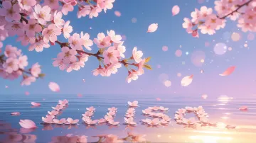 Luisa horizontal diseño 9 - Composición serena y onírica con ramas de cerezo en flor (sakura) en la parte superior contra un cielo en degradado de azul suave y lila. Pétalos de color rosa pastel flotan delicadamente en el aire cayendo hacia una superficie de agua tranquila y cristalina. En el centro inferior, el nombre está formado por pétalos de flores con un sutil efecto de relieve 3D y tipografía floral, reflejándose sobre el agua que está iluminada por un cálido destello dorado de luz solar en la esquina inferior derecha.