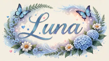 Luna horizontal diseño 4 - Composición magica con nombre en letra cursiva azul, rodeado de hortensias azules, margaritas blancas y delicadas flores silvestres, enmarcado por suaves remolinos de agua, mariposas azules y destellos estelares sobre un fondo etéreo y romántico.