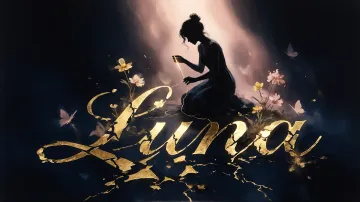 Luna horizontal diseño 6 - Composición de ilustración semirrealista cinematográfica con silueta femenina tejiendo un hilo dorado de luz sobre un suelo oscuro fracturado al estilo Kintsugi, donde el nombre resalta en un prominente guión caligráfico dorado que emerge de las grietas, rodeado de flores blancas, mariposas y un fondo degradado de azules profundos iluminado por una luz celestial en tonos melocotón y crema, con una frase de aliento en tipografía blanca en la parte inferior.