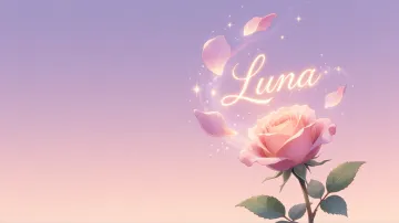 Luna horizontal diseño 8 - Fondo de Pantalla con degradado suave que transiciona de lila en la parte superior a melocotón y rosa pastel en la base, destacando una rosa rosada hiperrealista con tallo y hojas verdes. El nombre brilla en tipografía cursiva con efecto neón cálido, adornado con pétalos cayendo y chispas de luz mágica.