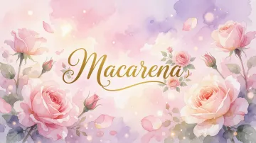 Macarena horizontal diseño 10 - Diseño estilo acuarela con un fondo etéreo y texturizado en nubes de tonos rosa pastel y lila suave. Presenta composiciones de rosas abiertas y capullos en los bordes inferior y superior, con pétalos cayendo delicadamente. Incorpora destellos de luz cálida (efecto bokeh) y, en el centro, resalta una tipografía elegante, cursiva y fluida en color dorado.