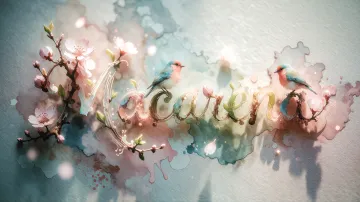 Macarena horizontal diseño 11 - Un delicado diseño de estilo acuarela digital que combina una tipografía de caligrafía personalizada para el nombre en tonos dorados y rosados suaves, adornada con pequeñas hojas y brotes. Un pajarito azul y naranja vibrante está posado en una de las letras. Todo está rodeado por un marco circular de ramas de cerezo en flor con delicadas flores rosadas y blancas. El fondo es un lavado de acuarela difuminado en tonos pastel suaves de azul cerceta, rosa rubor y melocotón sobre una textura de papel rugoso, con destellos luminosos y motas de luz bokeh flotando alrededor, creando una atmósfera mágica y soñadora. Las sombras suaves proyectadas añaden profundidad.