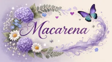 Macarena horizontal diseño 2 - Diseño elegante de hortensias en tonos lila y morados suaves, con volutas estilizadas y una mariposa mística que aporta un toque etéreo y mágico.