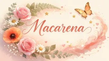 Macarena horizontal diseño 3 - Elegante composición de rosas rosadas y amapolas naranjas con mariposas doradas brillantes sobre un fondo cálido, romántico y mágico.