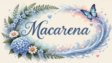 Macarena horizontal diseño 4 - Composición magica con nombre en letra cursiva azul, rodeado de hortensias azules, margaritas blancas y delicadas flores silvestres, enmarcado por suaves remolinos de agua, mariposas azules y destellos estelares sobre un fondo etéreo y romántico.