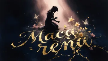 Macarena horizontal diseño 6 - Composición de ilustración semirrealista cinematográfica con silueta femenina tejiendo un hilo dorado de luz sobre un suelo oscuro fracturado al estilo Kintsugi, donde el nombre resalta en un prominente guión caligráfico dorado que emerge de las grietas, rodeado de flores blancas, mariposas y un fondo degradado de azules profundos iluminado por una luz celestial en tonos melocotón y crema, con una frase de aliento en tipografía blanca en la parte inferior.