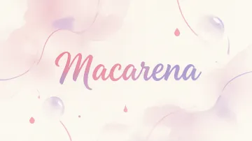 Macarena horizontal diseño 7 - Diseño abstracto en acuarela sobre fondo crema, con manchas fluidas y etéreas en rosa pastel y lila, líneas curvas que aportan movimiento, pequeñas gotas salpicadas cayendo verticalmente y una burbuja translúcida en la parte superior izquierda. El nombre resalta al centro con una tipografía cursiva amplia y elegante en degradado rosa a morado.