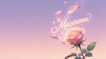 Macarena horizontal diseño 8 - Fondo de Pantalla con degradado suave que transiciona de lila en la parte superior a melocotón y rosa pastel en la base, destacando una rosa rosada hiperrealista con tallo y hojas verdes. El nombre brilla en tipografía cursiva con efecto neón cálido, adornado con pétalos cayendo y chispas de luz mágica.