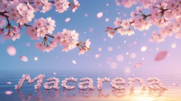Macarena horizontal diseño 9 - Composición serena y onírica con ramas de cerezo en flor (sakura) en la parte superior contra un cielo en degradado de azul suave y lila. Pétalos de color rosa pastel flotan delicadamente en el aire cayendo hacia una superficie de agua tranquila y cristalina. En el centro inferior, el nombre está formado por pétalos de flores con un sutil efecto de relieve 3D y tipografía floral, reflejándose sobre el agua que está iluminada por un cálido destello dorado de luz solar en la esquina inferior derecha.