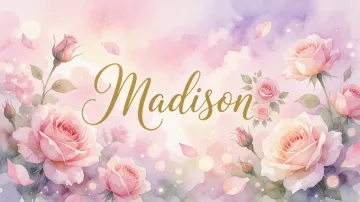 Madison horizontal diseño 10 - Diseño estilo acuarela con un fondo etéreo y texturizado en nubes de tonos rosa pastel y lila suave. Presenta composiciones de rosas abiertas y capullos en los bordes inferior y superior, con pétalos cayendo delicadamente. Incorpora destellos de luz cálida (efecto bokeh) y, en el centro, resalta una tipografía elegante, cursiva y fluida en color dorado.
