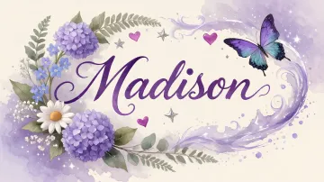 Madison horizontal diseño 2 - Diseño elegante de hortensias en tonos lila y morados suaves, con volutas estilizadas y una mariposa mística que aporta un toque etéreo y mágico.