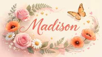 Madison horizontal diseño 3 - Elegante composición de rosas rosadas y amapolas naranjas con mariposas doradas brillantes sobre un fondo cálido, romántico y mágico.