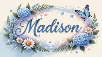 Madison horizontal diseño 4 - Composición magica con nombre en letra cursiva azul, rodeado de hortensias azules, margaritas blancas y delicadas flores silvestres, enmarcado por suaves remolinos de agua, mariposas azules y destellos estelares sobre un fondo etéreo y romántico.