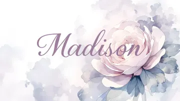 Madison horizontal diseño 5 - Nombre en elegante tipografía cursiva caligráfica en tono lavanda, sobre fondo acuarela de cielo nublado en tonos pastel (azul, blanco, lavanda), decorado con rosa en acuarela de pétalos rosa pálido, blanco crema y lilas suaves con hojas en gris-verde.