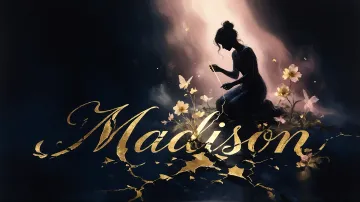 Madison horizontal diseño 6 - Composición de ilustración semirrealista cinematográfica con silueta femenina tejiendo un hilo dorado de luz sobre un suelo oscuro fracturado al estilo Kintsugi, donde el nombre resalta en un prominente guión caligráfico dorado que emerge de las grietas, rodeado de flores blancas, mariposas y un fondo degradado de azules profundos iluminado por una luz celestial en tonos melocotón y crema, con una frase de aliento en tipografía blanca en la parte inferior.