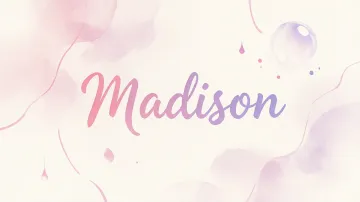 Madison horizontal diseño 7 - Diseño abstracto en acuarela sobre fondo crema, con manchas fluidas y etéreas en rosa pastel y lila, líneas curvas que aportan movimiento, pequeñas gotas salpicadas cayendo verticalmente y una burbuja translúcida en la parte superior izquierda. El nombre resalta al centro con una tipografía cursiva amplia y elegante en degradado rosa a morado.