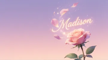 Madison horizontal diseño 8 - Fondo de Pantalla con degradado suave que transiciona de lila en la parte superior a melocotón y rosa pastel en la base, destacando una rosa rosada hiperrealista con tallo y hojas verdes. El nombre brilla en tipografía cursiva con efecto neón cálido, adornado con pétalos cayendo y chispas de luz mágica.