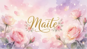 Maite horizontal diseño 10 - Diseño estilo acuarela con un fondo etéreo y texturizado en nubes de tonos rosa pastel y lila suave. Presenta composiciones de rosas abiertas y capullos en los bordes inferior y superior, con pétalos cayendo delicadamente. Incorpora destellos de luz cálida (efecto bokeh) y, en el centro, resalta una tipografía elegante, cursiva y fluida en color dorado.